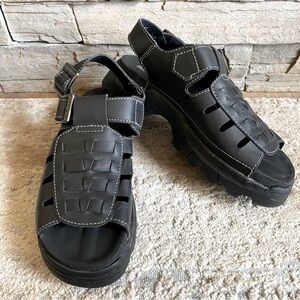 Skechers Vintage Sandals Jam Ups Fisherman Style Black Leather Platform Soles 90